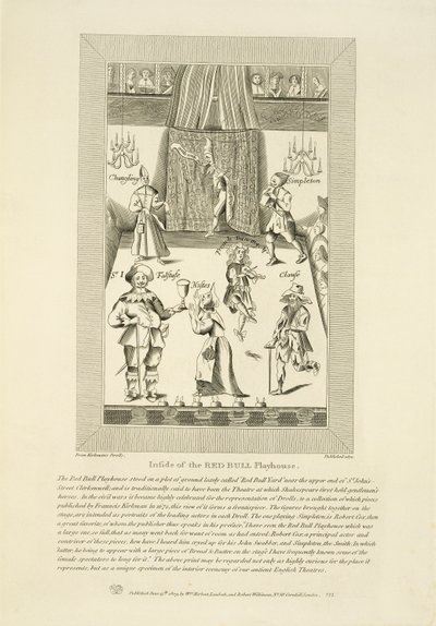 Binnenkant van het Red Bull Playhouse, frontispice van een verzameling drollen door Francis Kirkman, voor het eerst gepubliceerd in 1672, uitgegeven door William Herbert en Robert Wilkinson, 1809 door English School